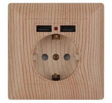 Розетка Intro Solo 4-410-11 с заземлением P+E Schuko со шторками, 16А-250В + 2хUSB, IP20, СУ, сосна  Б0053720  Intro