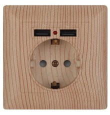 Розетка Intro Solo 4-410-11 с заземлением P+E Schuko со шторками, 16А-250В + 2хUSB, IP20, СУ, сосна  Б0053720  Intro