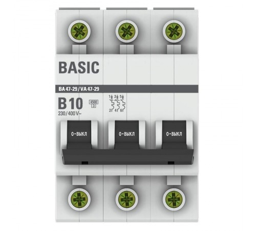 Выключатель автоматический трехполюсный 3P 10А (B) 4,5кА ВА 47-29 EKF Basicmcb4729-3-10-BEKF