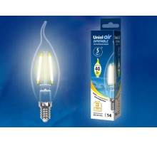 Лампа светодиодная LED-CW35-5W/WW/E14/CL/DIM GLA01TR LED диммируемая. "свеча на ветру", прозр серия Air. 3000K  UL-00002863  Uniel