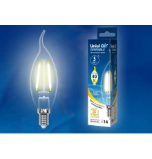 Лампа светодиодная LED-CW35-5W/WW/E14/CL/DIM GLA01TR LED диммируемая. "свеча на ветру", прозр серия Air. 3000K  UL-00002863  Uniel
