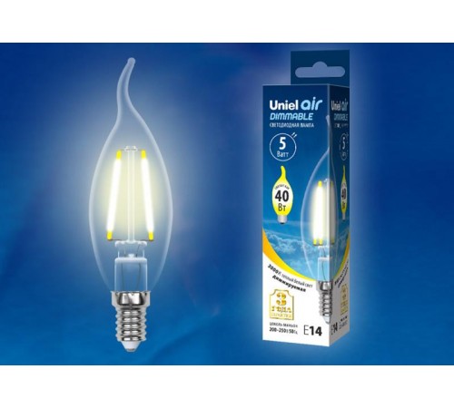 Лампа светодиодная LED-CW35-5W/WW/E14/CL/DIM GLA01TR LED диммируемая. "свеча на ветру", прозр серия Air. 3000K  UL-00002863  Uniel