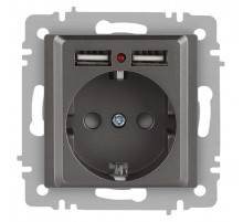 Розетка Intro Accent 6-410-09 P+E Schuko со шторками, 16А-250В + 2хUSB, IP20, СУ, титан  Б0063711  Intro