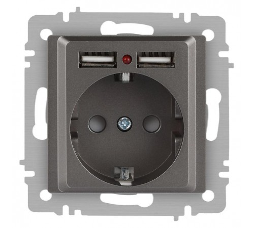 Розетка Intro Accent 6-410-09 P+E Schuko со шторками, 16А-250В + 2хUSB, IP20, СУ, титан  Б0063711  Intro