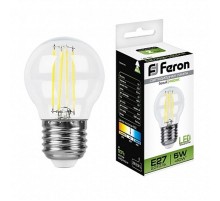 Лампа светодиодная LB-61 (5W) 230V E27 4000K филамент G45 прозрачная  25582  FERON