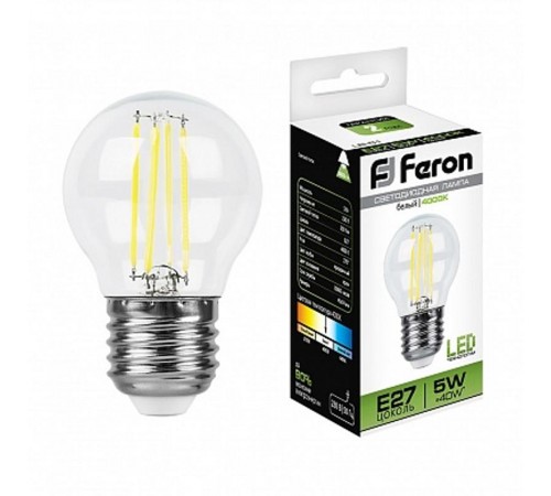 Лампа светодиодная LB-61 (5W) 230V E27 4000K филамент G45 прозрачная  25582  FERON