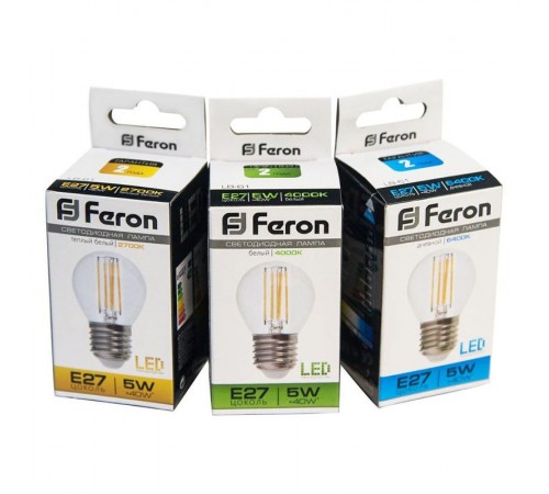 Лампа светодиодная LB-61 (5W) 230V E27 4000K филамент G45 прозрачная  25582  FERON