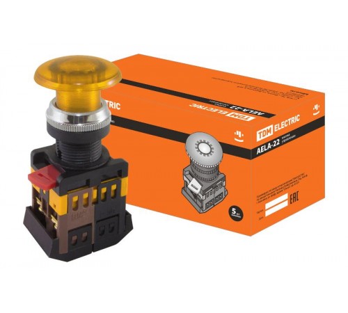 Кнопка AELA-22 "Грибок" желтый d22мм неон/230В 1з+1р   SQ0704-0034  TDM