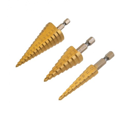 Набор ступенчатых сверл, 4-12,4-20,4-32мм, HSS-TiN, ТИТАН, 3 шт.  KR-12-6620  Kranz