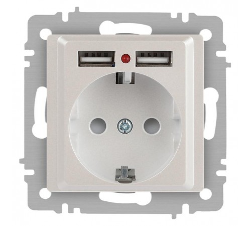 Розетка Intro Accent 6-410-06 , P+E Schuko со шторками, 16А-250В + 2хUSB, IP20, СУ, перламутр  Б0063700  Intro