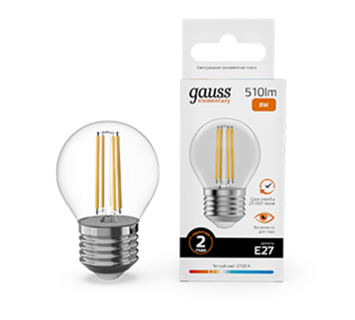 Лампа светодиодная   Filament Elementary Шар 8W 510lm 2700К Е27 LED 1/10/100  52218  Gauss