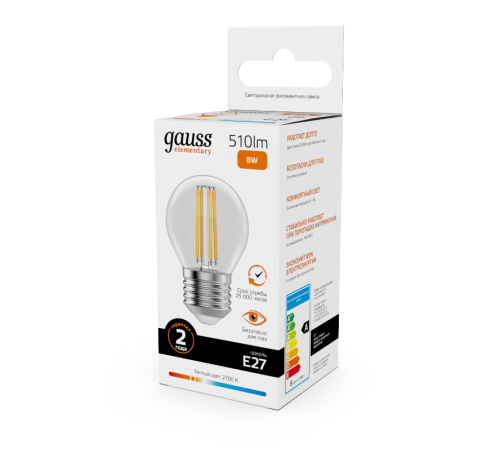 Лампа светодиодная   Filament Elementary Шар 8W 510lm 2700К Е27 LED 1/10/100  52218  Gauss