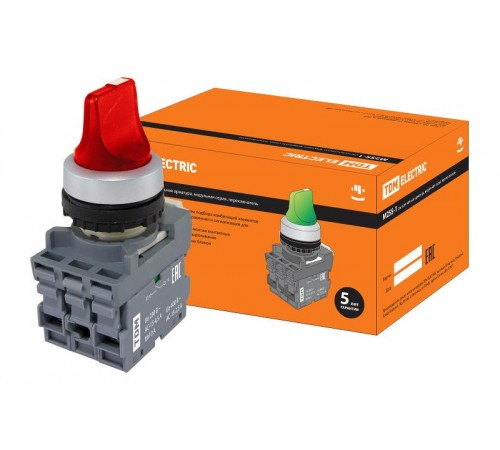 Переключатель на 3 положения с фиксацией M3SS1-21R короткая ручка(LED) d22мм/220B 1з+1р красный  SQ0747-0074  TDM