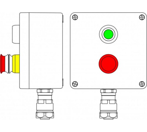 Коробка клеммная Ex из GRP; 1Ex d e IIC T5 Gb X IP66; Ex tb IIIB T95C DbX; Аварийная кнопка красная, 1NC/1NO -1 шт.; Кнопка Зеленая, 1NC/1NO -1шт.;B: