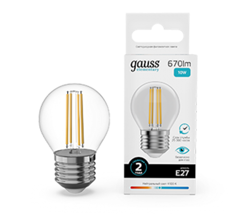 Лампа светодиодная   Filament Elementary Шар 10W 670lm 4100К Е27 LED 1/10/100  52220  Gauss