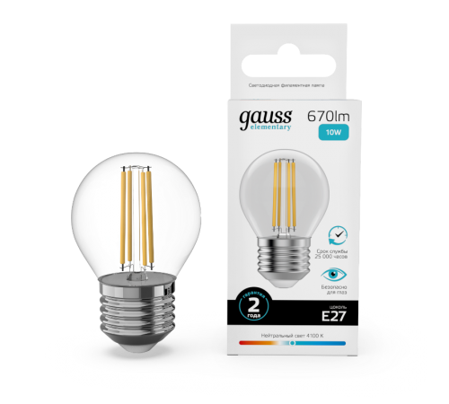 Лампа светодиодная   Filament Elementary Шар 10W 670lm 4100К Е27 LED 1/10/100  52220  Gauss
