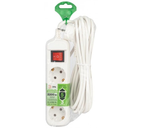 Удлинитель электрический ЭРА UDL-10-350-ES Greenline 3 розетки с заземлением с выключателем 5м ПВС 3x0.75мм2   Б0065080  ЭРА