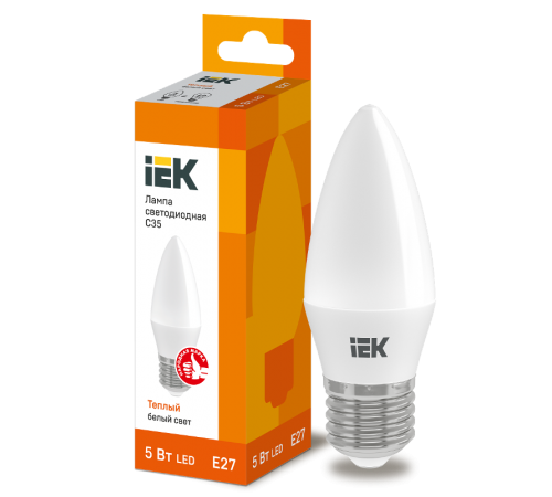 Лампа светодиодная LED 5Вт Е27 220В 3000К C35 свеча  LLE-C35-5-230-30-E27  IEK