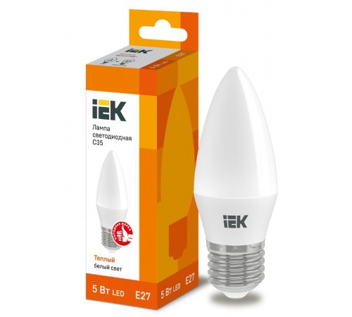 Лампа светодиодная LED 5Вт Е27 220В 3000К C35 свеча  LLE-C35-5-230-30-E27  IEK