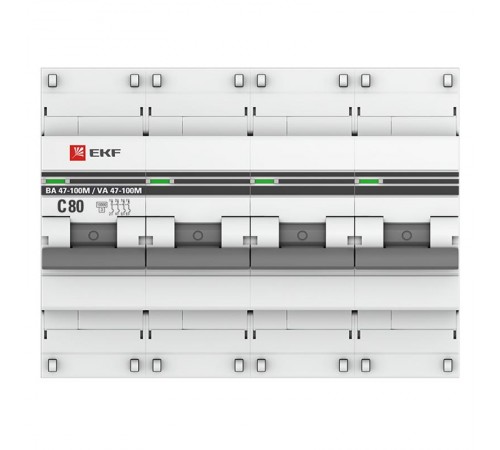 Выключатель автоматический четырехполюсный 4P 80А (C) 10kA ВА 47-100M с электромагнитным расцепителем PROxima  mcb47100m-4-80C-pro  EKF