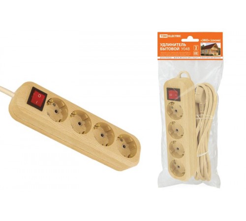 Удлинитель бытовой  У04В выключатель, 4 гнезда, 3метра,2П+3, ПВС 3х1мм2 "Эко" (сосна) 16А/250В  SQ1303-2111  TDM