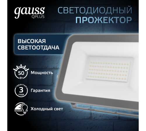 Прожектор светодиодный  Qplus 50W 4250lm 6500K 200-240V IP65 графитовый LED 1/10  690511350  Gauss