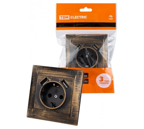 Розетка 2П+З 16А 250В + 2 USB порта 2,1А 5В старинная бронза "Лама"  SQ1815-0772  TDM