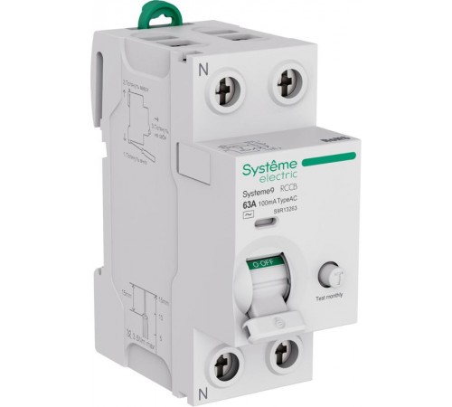 Systeme9 Выключатель дифференциального тока (ВДТ) 63A 2P 100мА Тип-AC 230В  S9R13263  SE