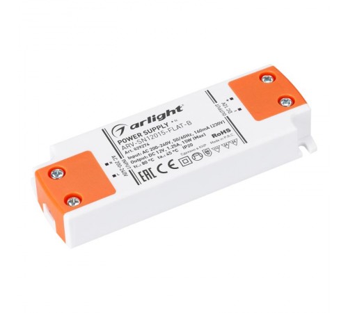 Блок питания ARV-SN12015-FLAT-B (12V, 1.25A, 15W) (Arlight, IP20 Пластик, 3 года)  029276  Arlight