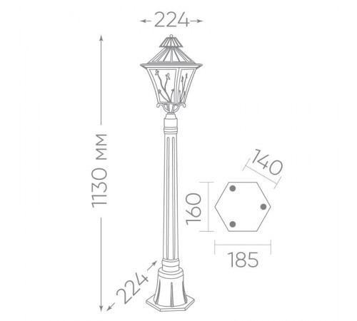 Светильник декоративный уличный PL636 60W 230V E27 224*224*1130мм черное золото (столб)  11645  Feron