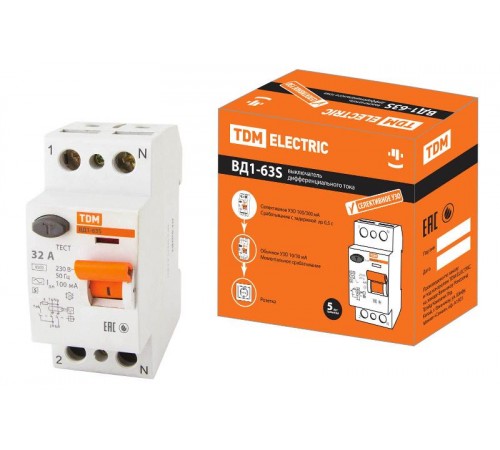 Выключатель дифференциальный (УЗО) ВД1-63S 2п 32А 100мА тип AC  SQ0203-0054  TDM