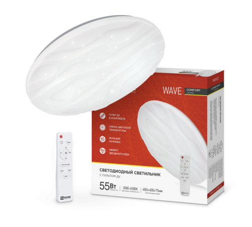 Светильник светодиодный COMFORT WAVE 55Вт 230В 3000-6500K 4400Лм 400x70мм с пультом ДУ  4690612034911  IN HOME