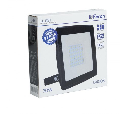 Прожектор светодиодный  LL-931 70W 6400K IP65 AC220V/50Hz, черный 167*198*28 мм  41551  Feron