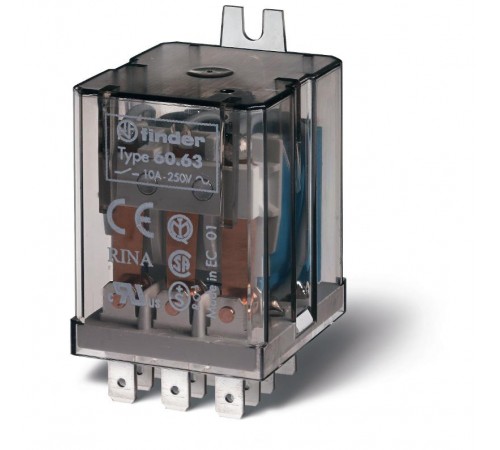 Универсальное электромеханическое реле; монтаж в наконечники Faston 187 (4.8х0.8мм); 3CO 10A; контакты AgNi; катушка 24В AC  606380240000  Finder