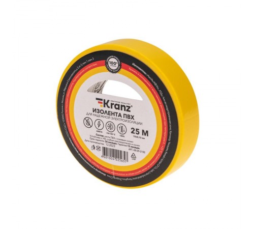 Изолента ПВХ 0.13х15 мм, 25 м, желтая  KR-09-2102  Kranz