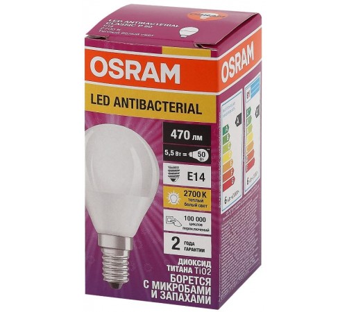 Лампа светодиодная LED Antibacterial P 4,9W/827 230VFR E14 10X1  4058075561571  OSRAM