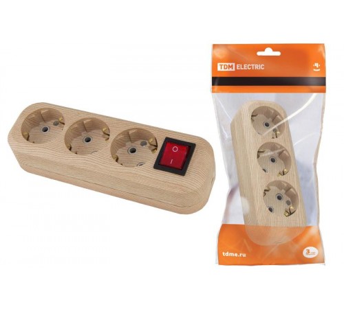 Колодка розеточная 3 гнезда 2П+3 с выключателем16А 250В "Эко" (сосна)   SQ1806-0049  TDM