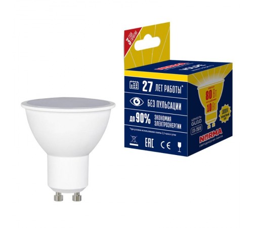 Лампа светодиодная LED-JCDR-10W/WW/GU10/NR LED. "JCDR", матовая. Серия Norma. 3000K  UL-00003842  Volpe