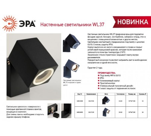 Декоративная подсветка WL37 BK MR16/GU10, черный, для интерьера, фасадов зданий  Б0054408  ЭРА