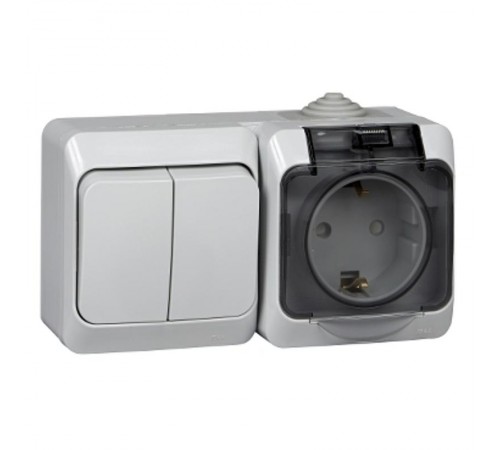 Этюд Серый О/У Блок Выключатель 2-клавишный + Розетка с заземлением со шторками IP44  BPA16-242C  SE