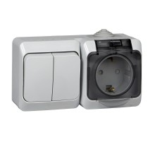 Этюд Серый О/У Блок Выключатель 2-клавишный + Розетка с заземлением со шторками IP44  BPA16-242C  SE