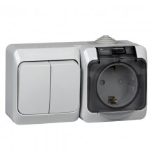 Этюд Серый О/У Блок Выключатель 2-клавишный + Розетка с заземлением со шторками IP44  BPA16-242C  SE