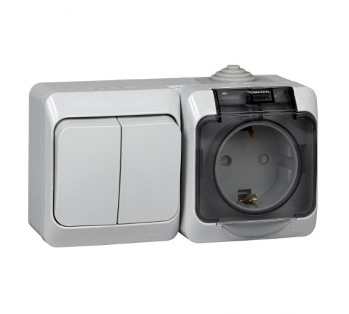 Этюд Серый О/У Блок Выключатель 2-клавишный + Розетка с заземлением со шторками IP44  BPA16-242C  SE