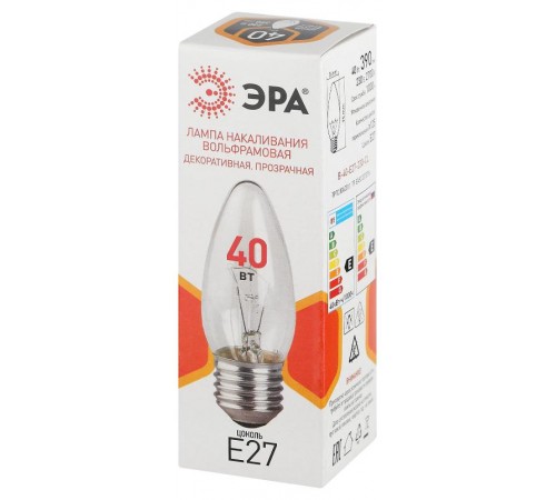 Лампа накаливания  B36 40Вт Е27 / E27 230В  свечка прозрачная  Б0066505  ЭРА