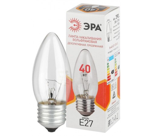 Лампа накаливания  B36 40Вт Е27 / E27 230В  свечка прозрачная  Б0066505  ЭРА