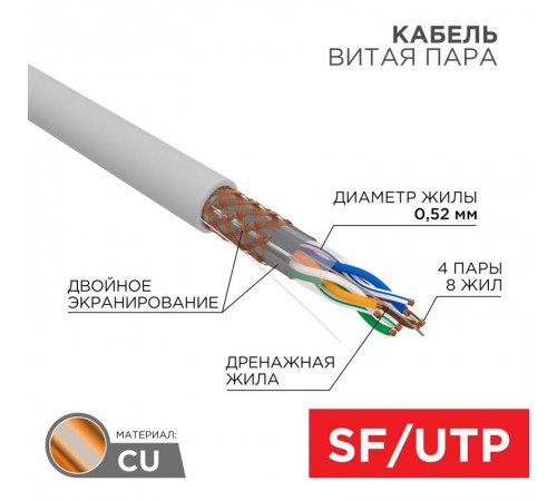 Кабель SFTP 4PR 24AWG, CAT5e (бухта 305 м)  01-0342  REXANT