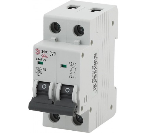 Выключатель автоматический двухполюсный Pro NO-900-29 ВА47-29 2P 20А кривая C  Б0031761  ЭРА