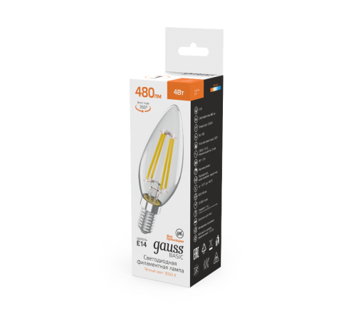 Лампа светодиодная   Basic Filament Свеча 4W 480lm 3000K E14 LED 1/10/50  50312142  Gauss