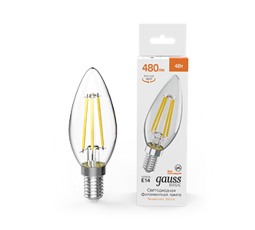 Лампа светодиодная   Basic Filament Свеча 4W 480lm 3000K E14 LED 1/10/50  50312142  Gauss