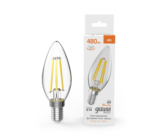 Лампа светодиодная   Basic Filament Свеча 4W 480lm 3000K E14 LED 1/10/50  50312142  Gauss